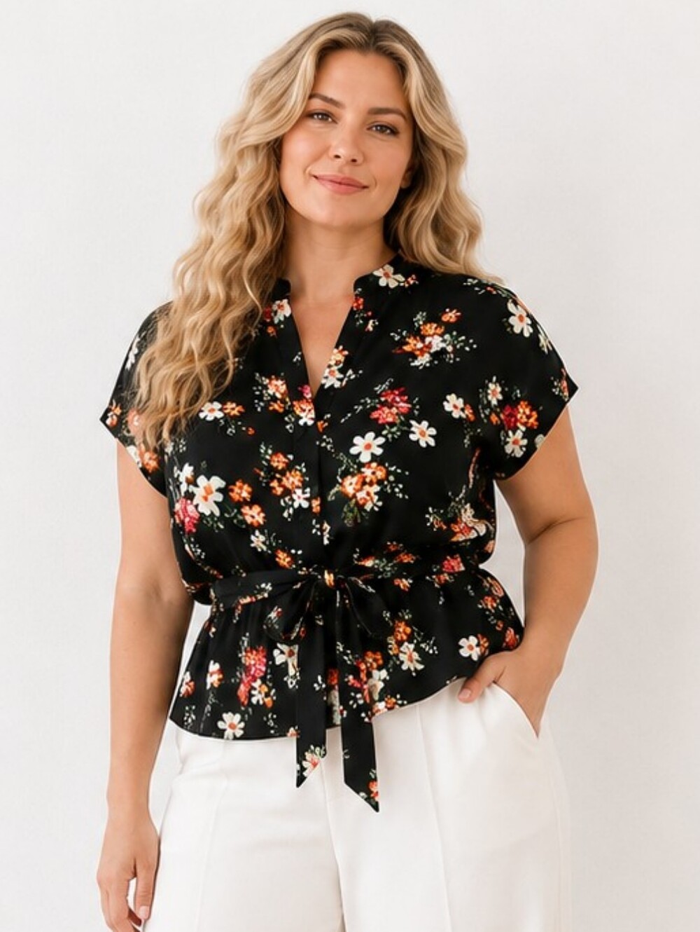 CiCiBird 2XL Black Floral Tie Waist Blouse Dolman Sleeve NWT